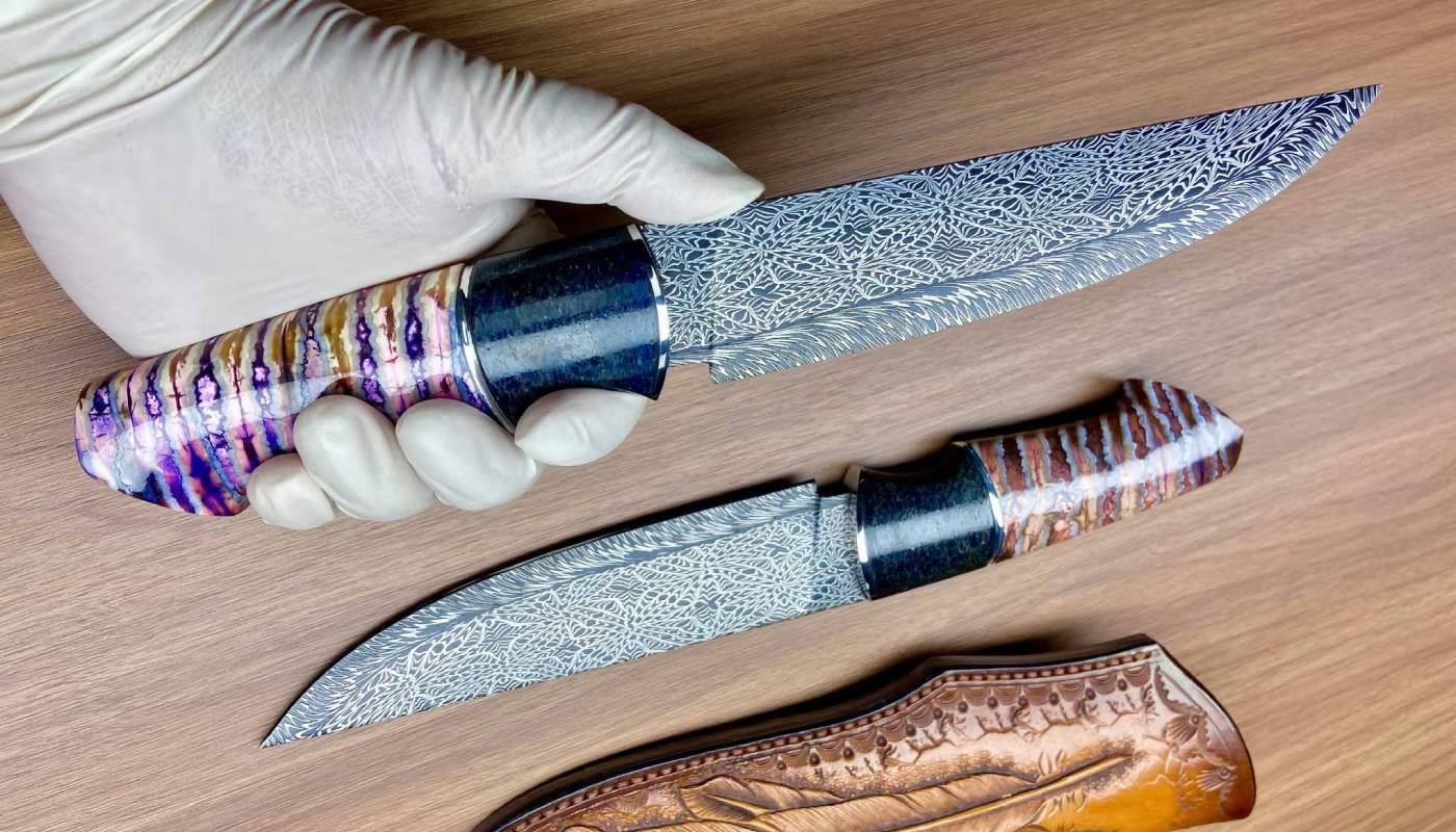 Spring Breeze II Feather Damascus Steel Mammoth Bone Handle Custom Knife